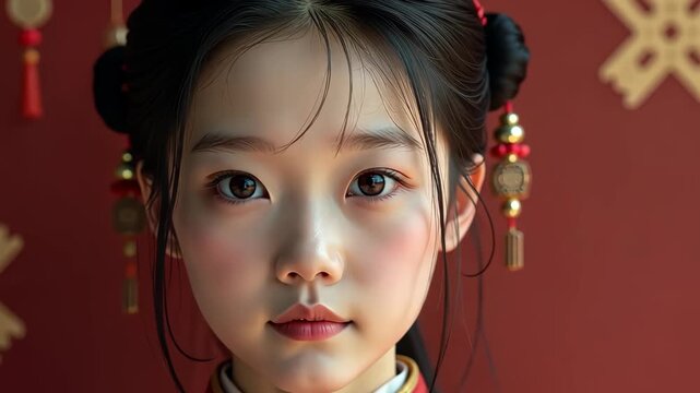 Young girl looking at camera in traditional red chinese dress with embroidered golden patterns against red festive background during lunar new year celebration