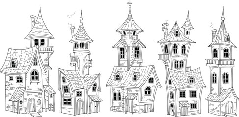 Fantasy house lineup vector—storybook architecture, tall towers, quirky roofs for magical, fairytale, and imaginative design themes 