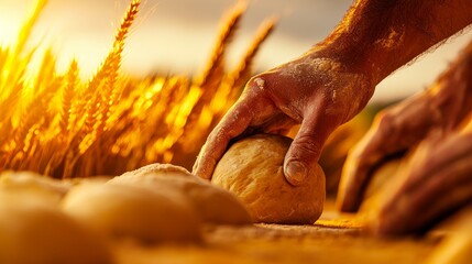 Hand Flattening Dough Ball Under Warm Sunset Light with Wheat in Background