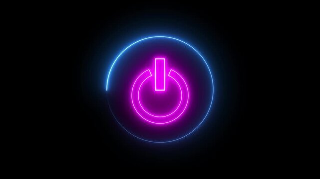 power button icon animation glowing neon pink and blue color startup shutdown screen turn on off button switch stop start computer closed button futuristic sign symbol on black background	