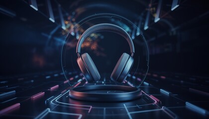 Stylish headphones with a futuristic design on a high-tech background