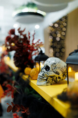 skeleton head and candles halloween decorations