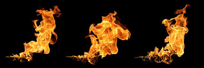 Set of realistic burning flames isolated on black background. Perfect for heat, energy, danger, or...