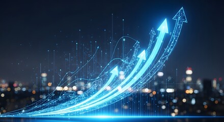 Digital upward trending arrows rising above a city skyline, representing growth, success, and positive financial performance.