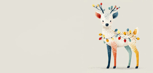 Whimsical cartoon reindeer with colorful Christmas lights and antlers standing on neutral background in festive winter theme Generative AI
