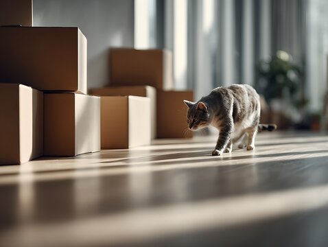 Cat examining stacked boxes, expressing curiosity and cautious adaptation to relocation. Domestic symbolism, minimalist daylight realism
