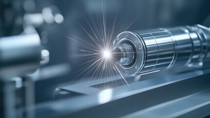 powerful laser beam being focused by a series of pristine lenses and mirrors, the beam visible in a slightly hazy, controlled environment, 