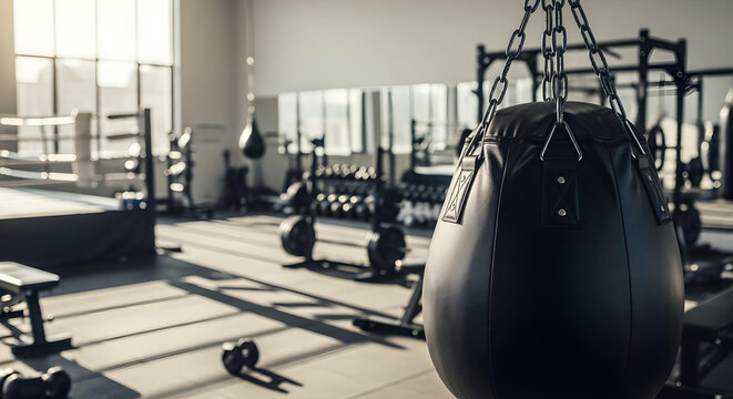 Black punching bag in boxing gym with training ambiance.
