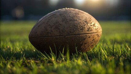 American Football A close-up of a weathered rugby ball resting on lush grass under soft sunlight.