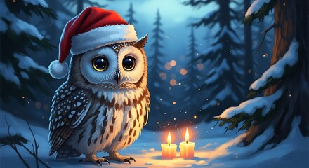 Adorable baby owl wearing a santa hat sits in a snowy forest with lit candles