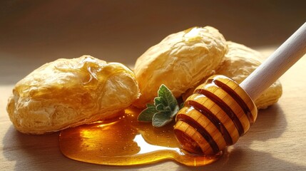Sweet Golden Pastry Puff with Honey Drizzle and Fresh Herb Garnish