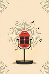 The design is a clean and minimal illustration featuring a vintage 1950s microphone in red (da002e), standing upright on a black stand. It includes a circular sunburst of thin black lines (1a171b), wi