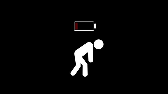 Tired stick figure with low battery symbol above head on green screen background representing. Tired person with low battery symbolizes burnout. Abstract design reflects stress and 