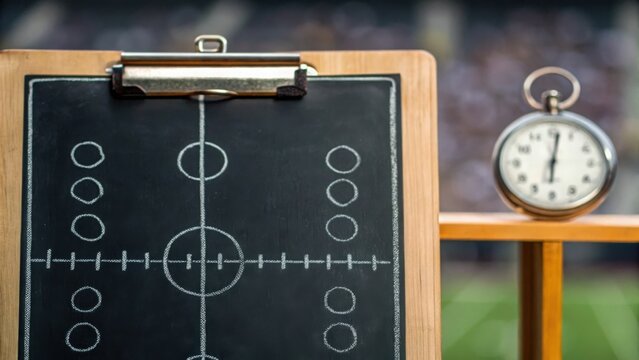 American Football Coaching board and stopwatch for sports strategy and timing.