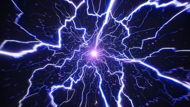Electric blue lightning bolts radiate outward from a central point in a dynamic abstract pattern against a dark background
