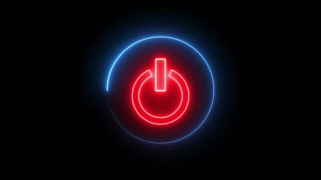 power button icon animation glowing neon red and blue color startup shutdown screen turn on off button switch stop start computer closed button futuristic sign symbol on black background	