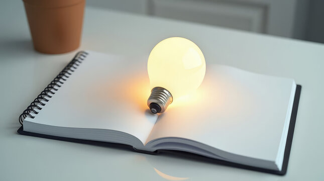 Bright idea glowing on open notebook, perfect for brainstorming and creative projects or inspiring educational concepts and innovative solutions for success