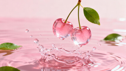 Glowing  translucent pink cherries fall into pink water 