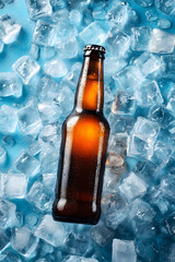 Ice Cold Beer Bottle on Blue Background