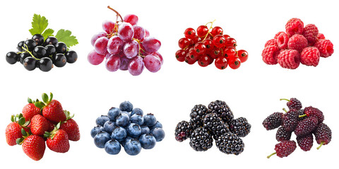 Set of various ripe berries: raspberry, blueberry, mulberry, blackberry, grape, currant, strawberry, isolated on a transparent background PNG