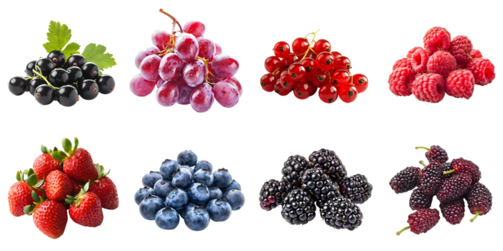 Set of various ripe berries: raspberry, blueberry, mulberry, blackberry, grape, currant, strawberry, isolated on a transparent background PNG