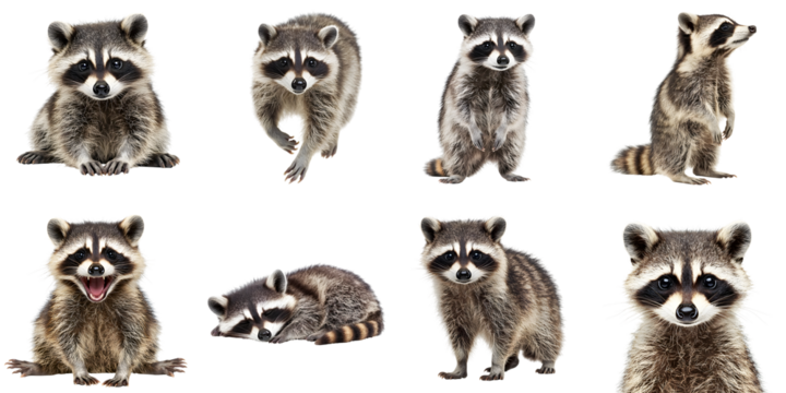 A large set of cute raccoons isolated on a transparent background PNG. In various poses and from different angles