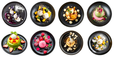 Set of unusual, different haute cuisine restaurant desserts isolated on a transparent background PNG