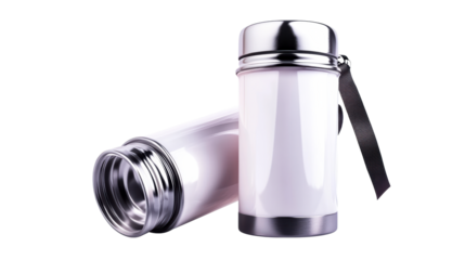 Two modern white vacuum flasks with metallic accents