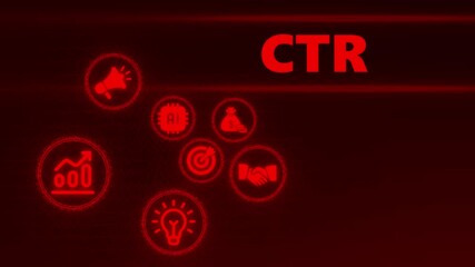 Red digital icons for CTR strategy with AI and marketing elements on dark background click-through rate