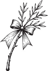 A delicate hand-drawn botanical illustration captures the elegance of nature, featuring a graceful branch adorned with lush leaves and a meticulously crafted bow.