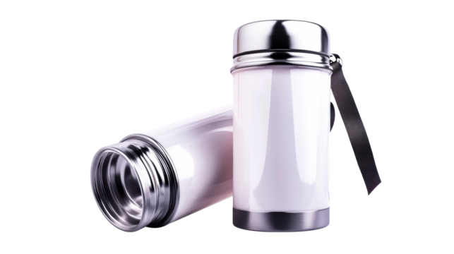 Two modern white vacuum flasks with metallic accents