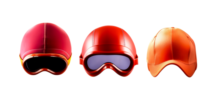 Three assorted headwear items including goggles and caps