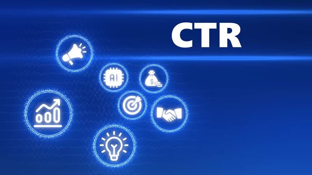 White digital icons for CTR strategy with AI and marketing elements on blue background click-through rate
