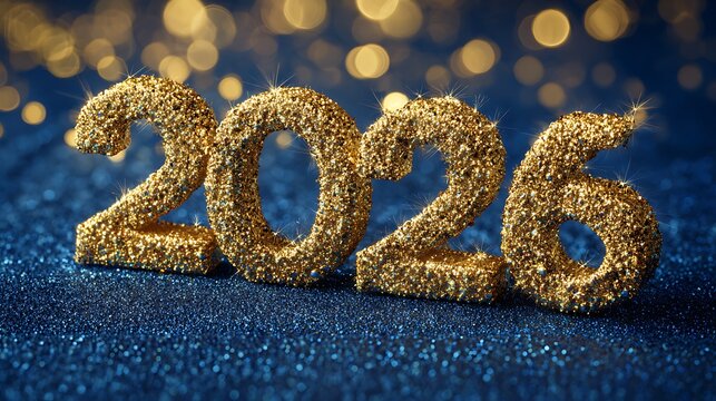 Golden glitter numbers 2026 sparkling on a shimmering blue background with festive bokeh lights.