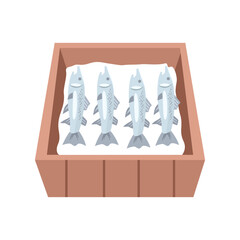 Fish display in wooden box. Freshly Caught Fish in Wooden Box. Packed Fresh Fish in Container.