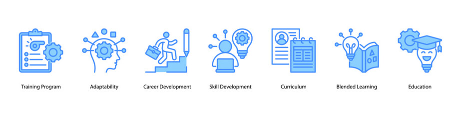 Educational Program web banner vector illustration featuring Training Program, Adaptability, Career Development, Skill Development, Curriculum, Blended Learning, and Education.