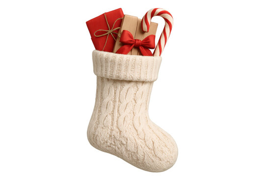 Knitted christmas stocking overflowing with presents and a candy cane, symbolizing holiday celebration and seasonal joy