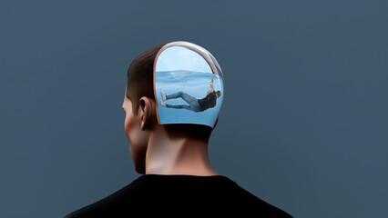 Man drowning inside his own mind, concept of overthinking, depression, anxiety, mental struggle, emotional exhaustion and inner chaos, 3d render