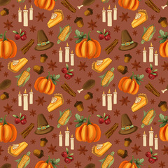 Seamless Thanksgiving pattern with pumpkins, corn, pies, candles, acorns, cranberries, star anise, and pilgrim hats. Festive design for  textiles, packaging, wrapping, scrapbooking and party decor