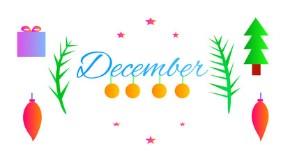 December card with fir branches and decorations, banner design on white background, vector illustration