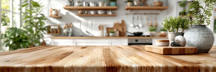Fototapeta premium Wooden kitchen countertop in modern bright interior with blurred background