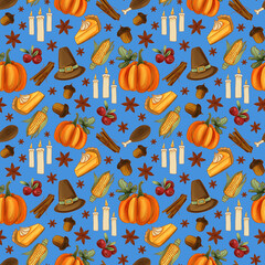 Seamless Thanksgiving pattern with pumpkins, corn, pies, candles, acorns, cranberries, star anise, and pilgrim hats. Festive design for  textiles, packaging, wrapping, scrapbooking and party decor