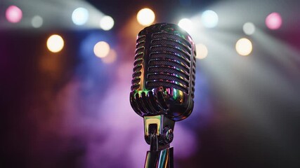 Classic retro microphone standing on a stage with vibrant, blurred spotlights and moving smoke, creating an atmospheric scene perfect for a music concert, stand up comedy show, or broadcast event