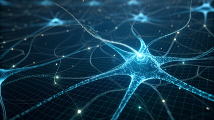 Abstract glowing neural network made of blue filaments on dark grid background, artificial intelligence data visualization.