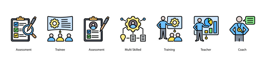 Skill Building Program web banner vector illustration featuring Assessment, Trainee, Multi Skilled, Training, Teacher, Coach, and Trainer. Ideal for professional growth materials.