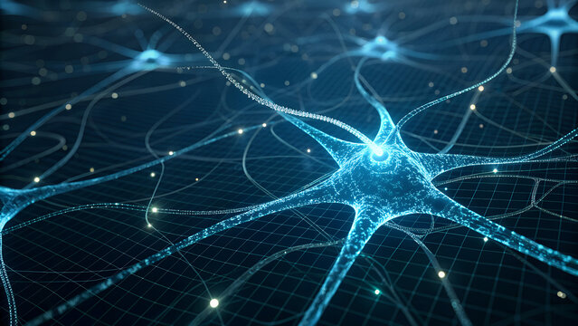 Abstract glowing neural network made of blue filaments on dark grid background, artificial intelligence data visualization.