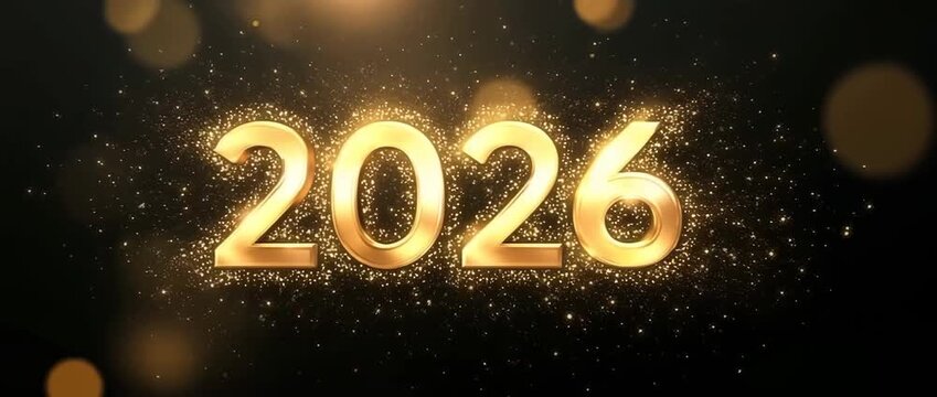 Golden 2026 numbers with confetti bokeh background
