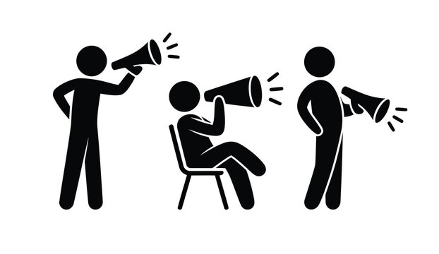 Stick Figures with Megaphones Announcement, Promotion, Leadership, and Communication Illustrations