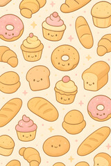 Sweet and Savory Baked Goods Kawaii Seamless Pattern