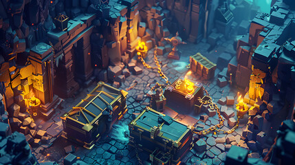 3d Isometric Dungeon treasure chests torches